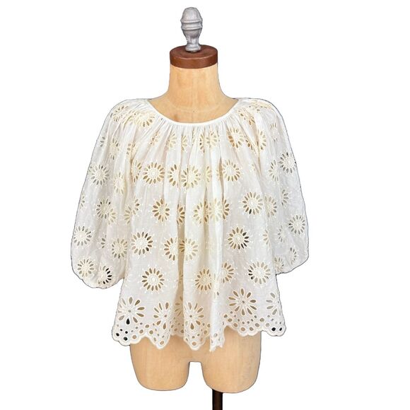 MADEWELL Embroidered Gather Puff-Sleeve Top M Floral Eyelet Ivory Relax NWT B73 - Picture 2 of 7